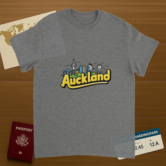 sport grey Auckland New Zealand Unisex Travel T-Shirt on wooden background with world map, passport, and boarding pass