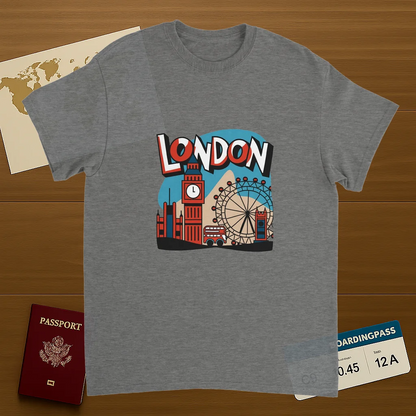 sport grey London England Unisex Travel T-Shirt on wooden background with world map, passport, and boarding pass