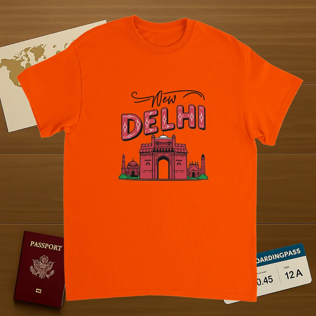 orange New Delhi India Unisex Travel T-Shirt on wooden background with world map, passport, and boarding pass