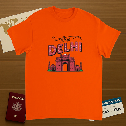 orange New Delhi India Unisex Travel T-Shirt on wooden background with world map, passport, and boarding pass
