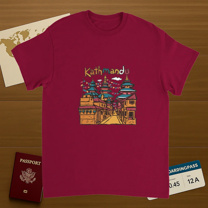 cardinal red Kathmandu Nepal Unisex Travel T-Shirt featuring a man