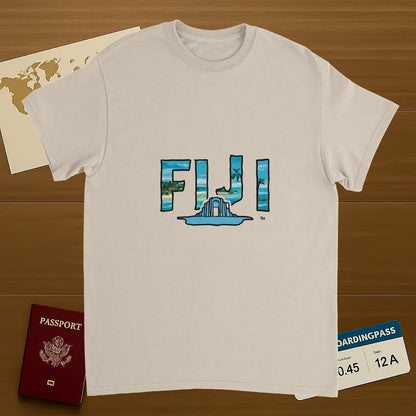 Fiji Unisex Travel T-Shirt on wooden background with world map, passport, and boarding pass