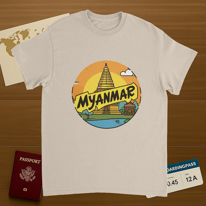 Myanmar Unisex Travel T-Shirt on wooden background with world map, passport, and boarding pass