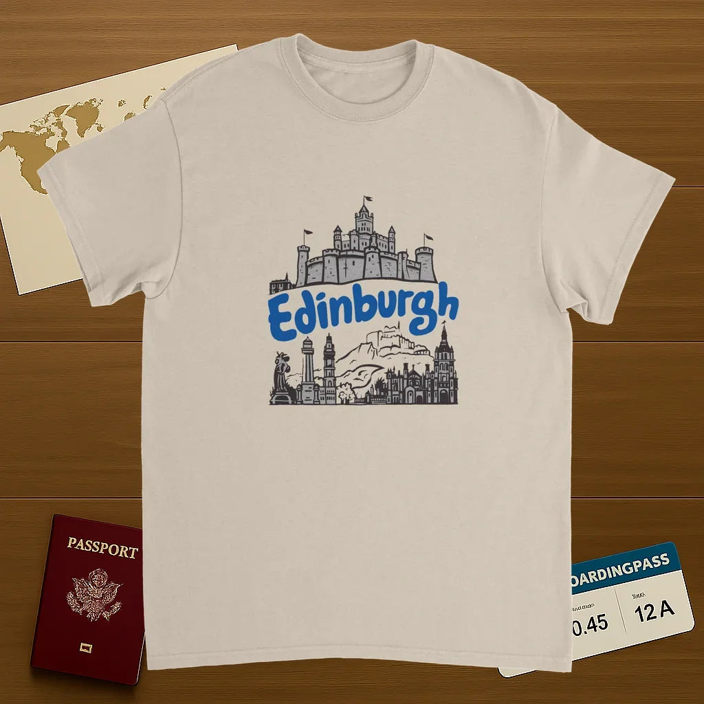 Edinburgh Scotland Unisex Travel T-Shirt on wooden background with world map, passport, and boarding pass