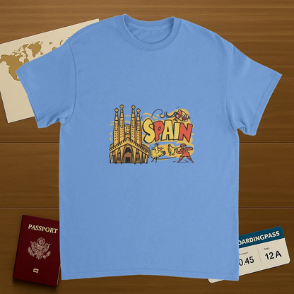 carolina blue Spain Unisex Travel T-Shirt on wooden background with world map, passport, and boarding pass