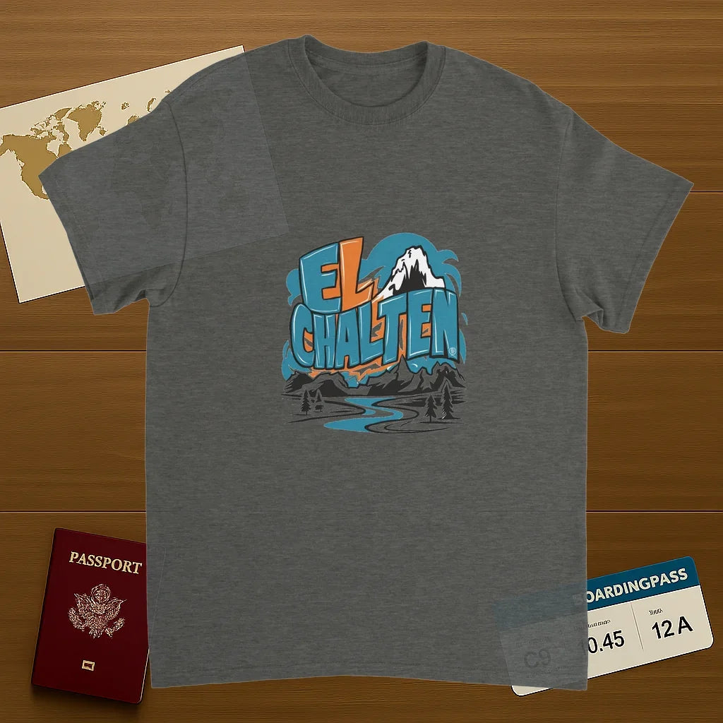 El Chaltén Argentina Unisex Travel T-Shirt on wooden background with world map, passport, and boarding pass