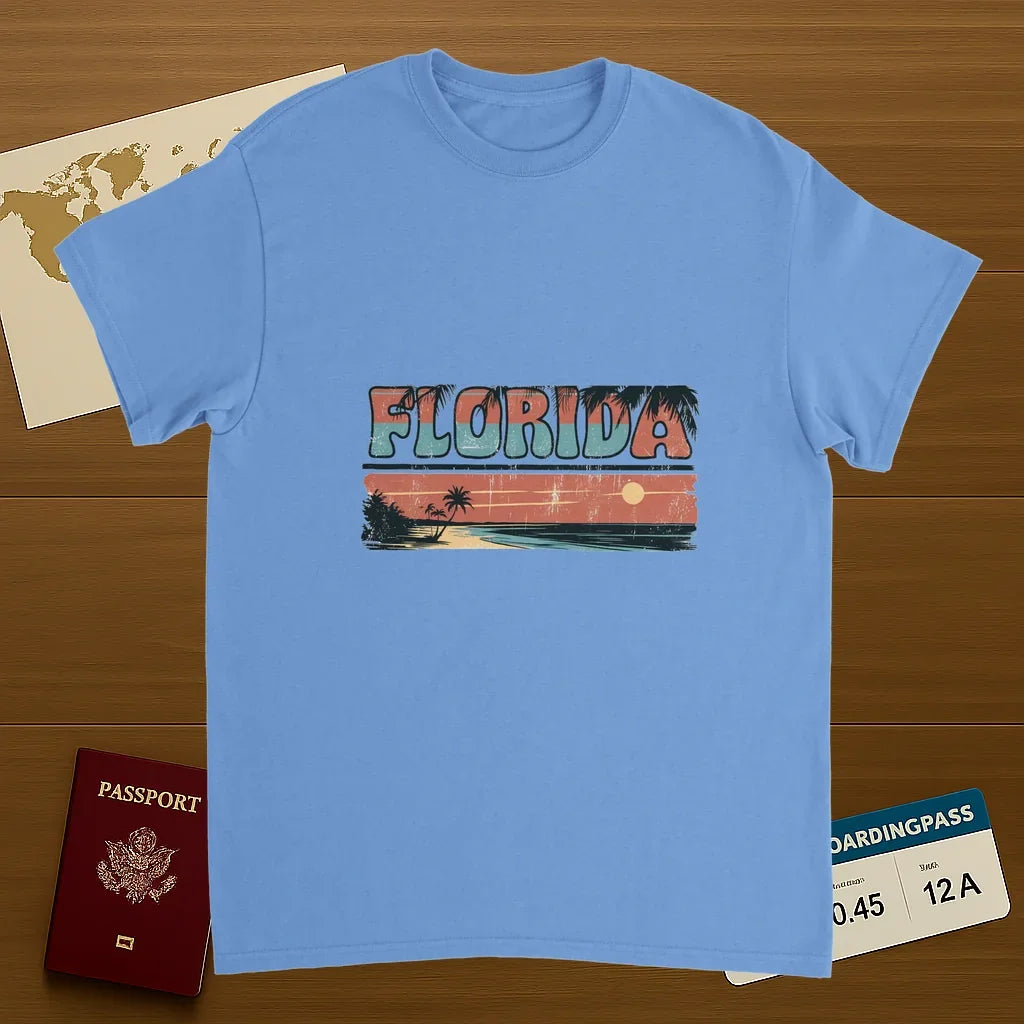 carolina blue Florida USA Unisex Travel T-Shirt on wooden background with world map, passport, and boarding pass