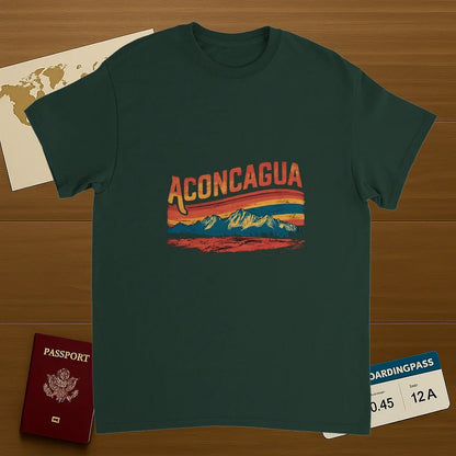 forest green Aconcagua Argentina Unisex Travel T-Shirt on wooden background with world map, passport, and boarding pass