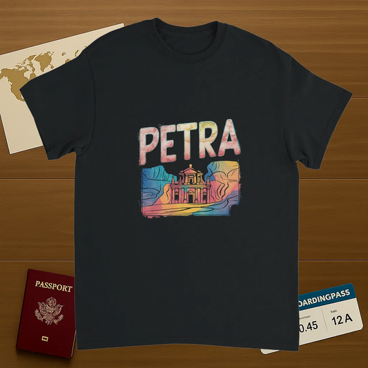 black Petra Jordan Unisex Travel T-Shirt on wooden background with world map, passport, and boarding pass