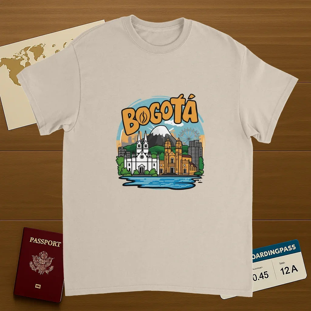 Bogotá Colombia Unisex Travel T-Shirt on wooden background with world map, passport, and boarding pass