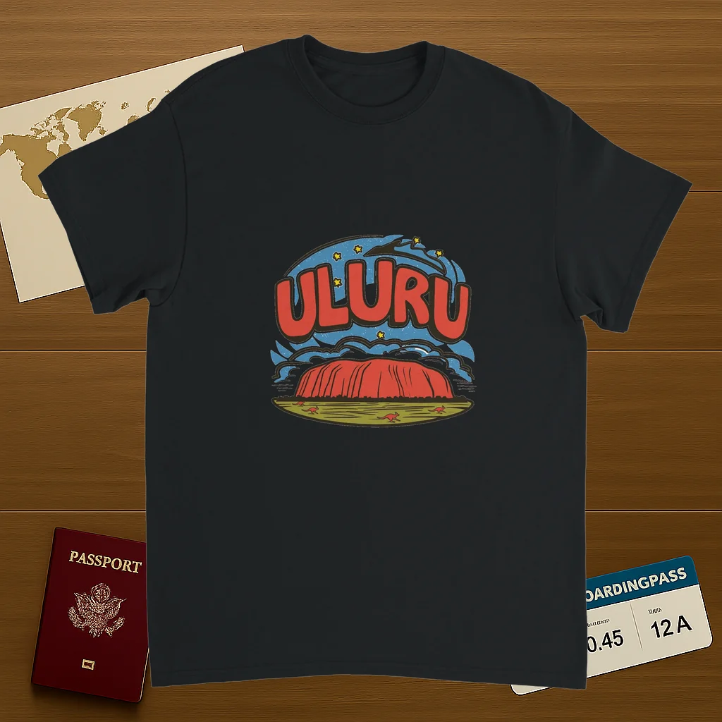 black Uluru Australia Unisex Travel T-Shirt on wooden background with world map, passport, and boarding pass