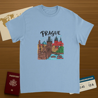 light blue Prague Czechia Unisex Travel T-Shirt on wooden background with world map, passport, and boarding pass