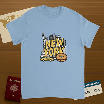 light blue New York USA Unisex Travel T-Shirt on wooden background with world map, passport, and boarding pass