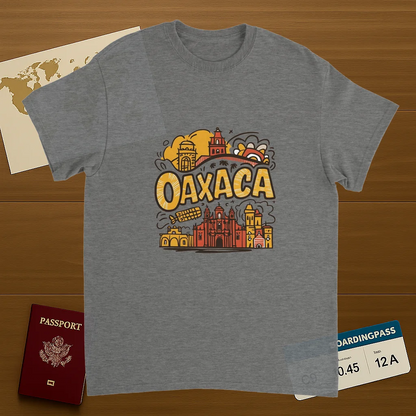 sport grey Oaxaca Mexico Unisex Travel T-Shirt on wooden background with world map, passport, and boarding pass