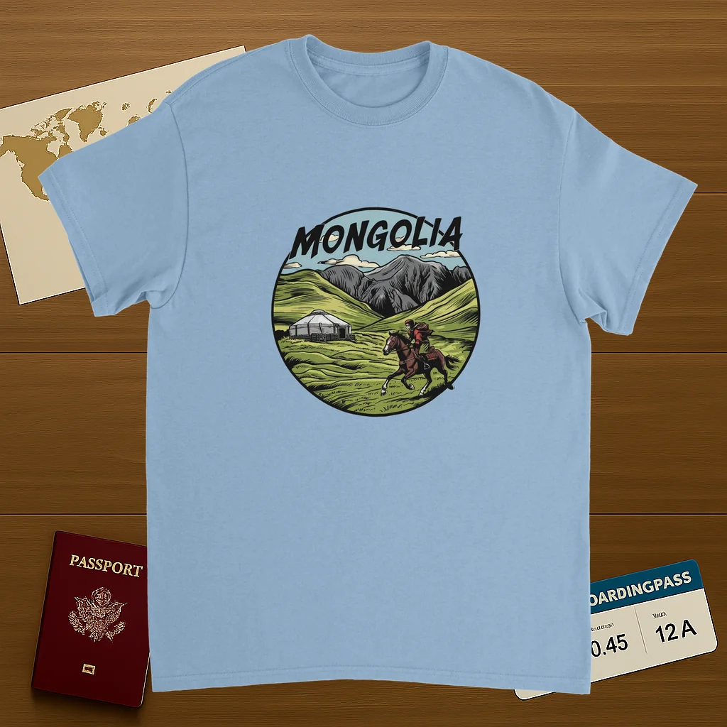 light blue Mongolia Unisex Travel T-Shirt on wooden background with world map, passport, and boarding pass