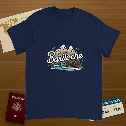 navy Bariloche Argentina Unisex Travel T-Shirt on wooden background with world map, passport, and boarding pass