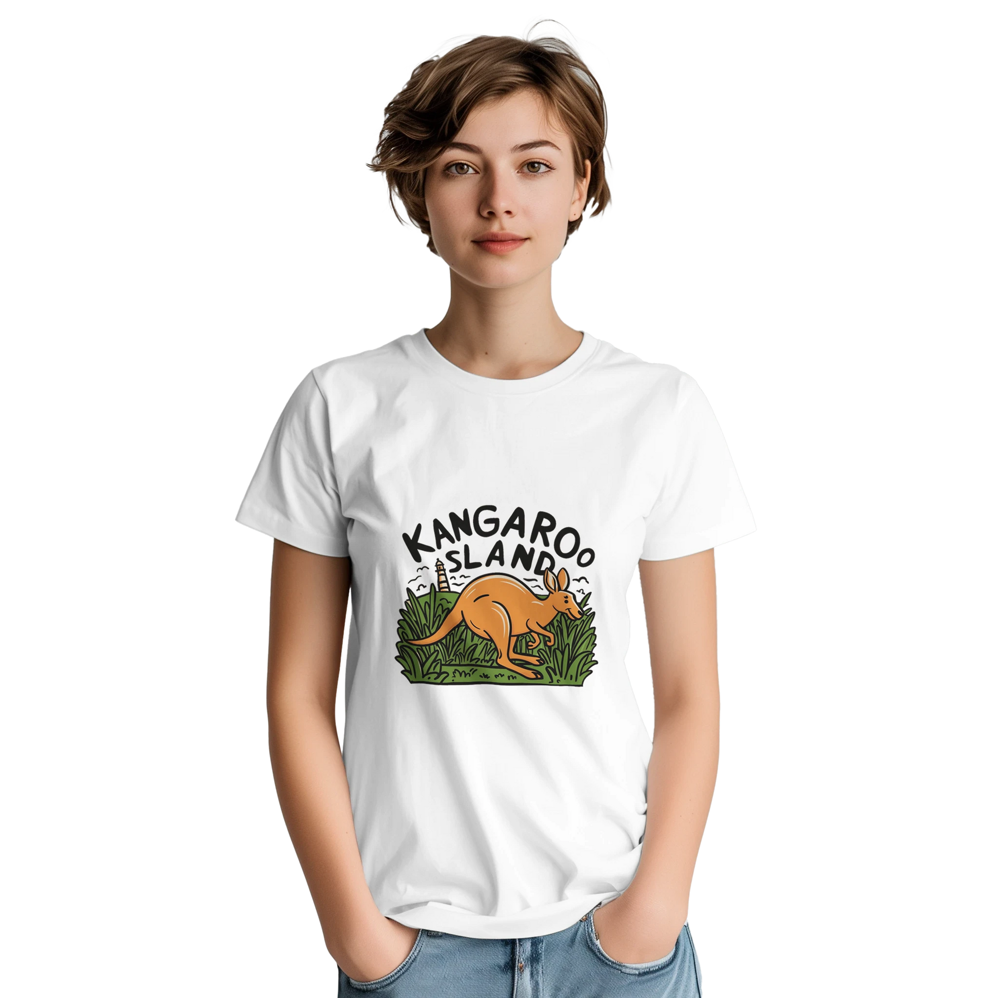 Kangaroo Island Australia Unisex Travel T-Shirt on wooden background with world map, passport, and boarding pass