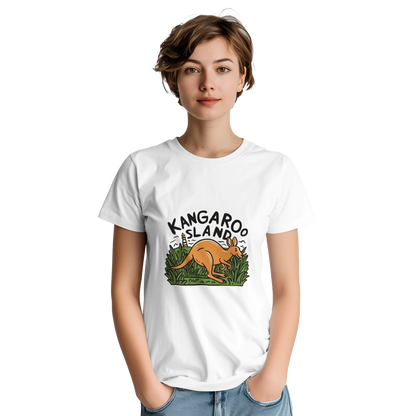 Kangaroo Island Australia Unisex Travel T-Shirt on wooden background with world map, passport, and boarding pass