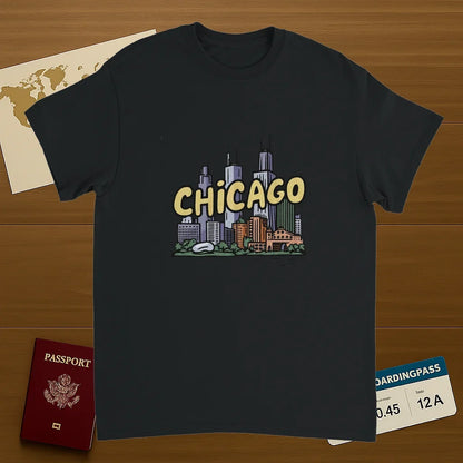 black Chicago USA Unisex Travel T-Shirt on wooden background with world map, passport, and boarding pass