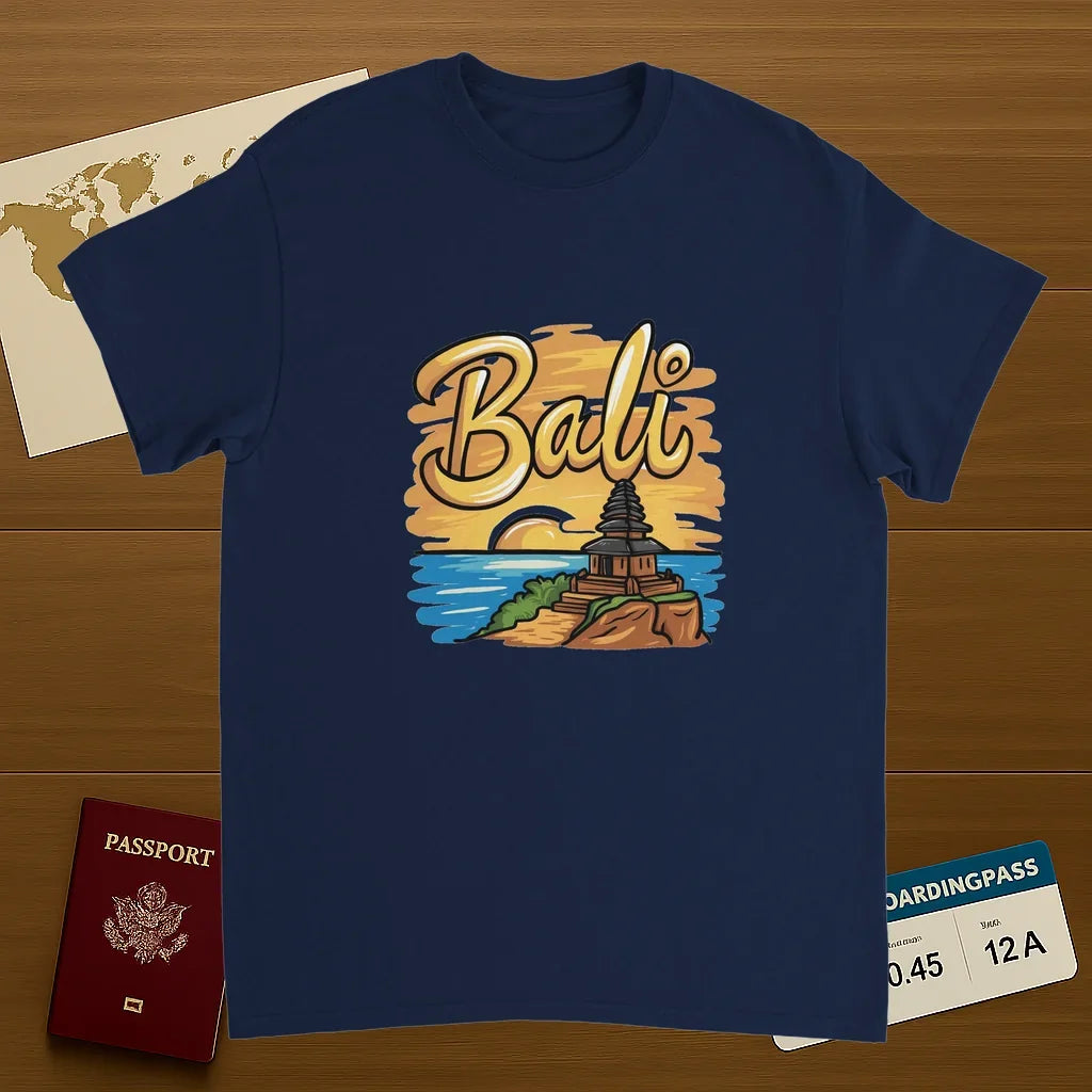 navy Bali Unisex Travel T-Shirt on wooden background with world map, passport, and boarding pass