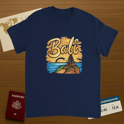 navy Bali Unisex Travel T-Shirt on wooden background with world map, passport, and boarding pass