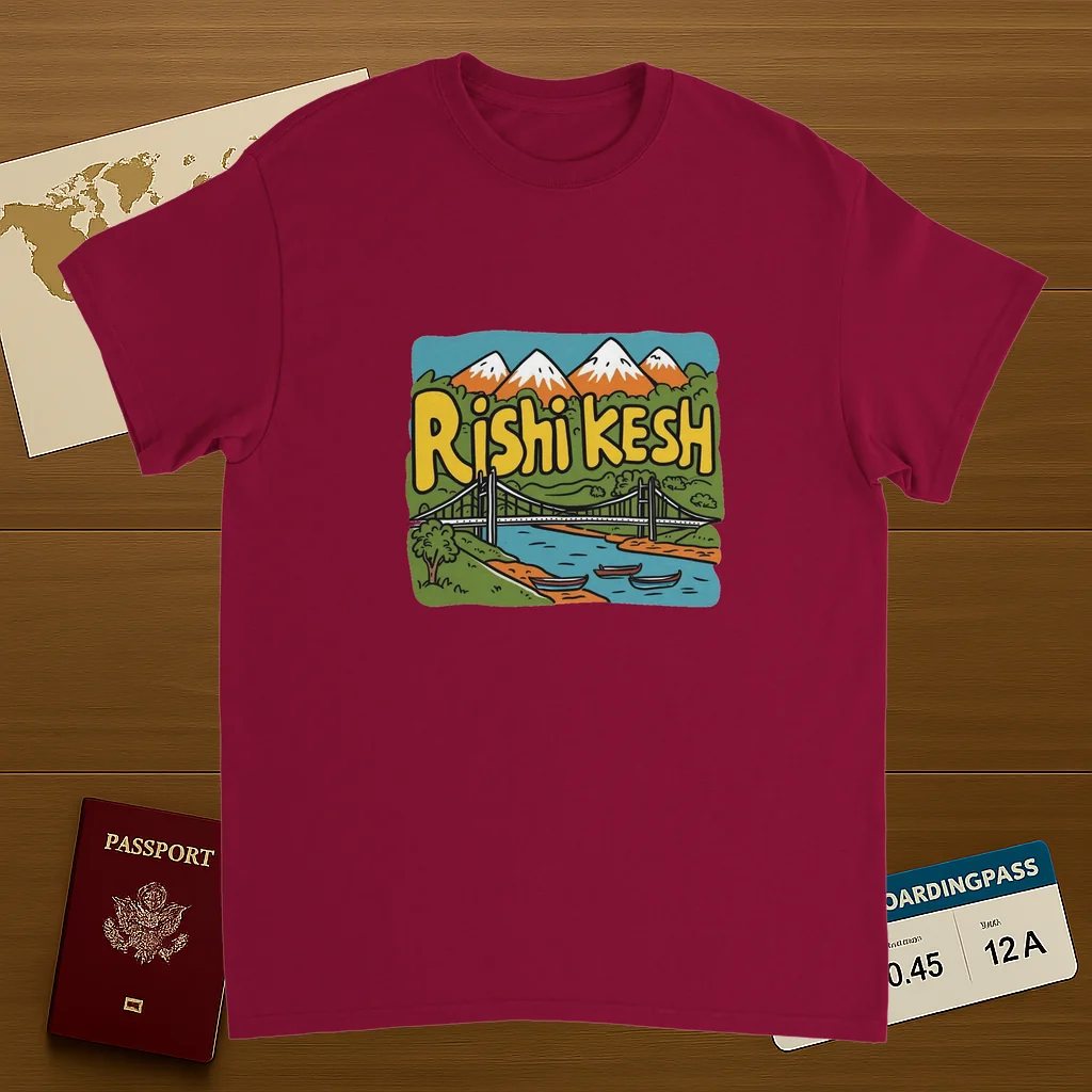 cardinal red Rishikesh India Unisex Travel T-Shirt on wooden background with world map, passport, and boarding pass