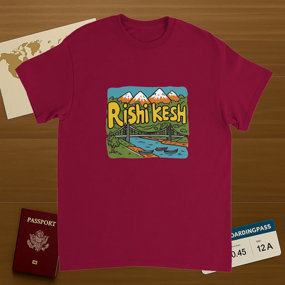 cardinal red Rishikesh India Unisex Travel T-Shirt on wooden background with world map, passport, and boarding pass