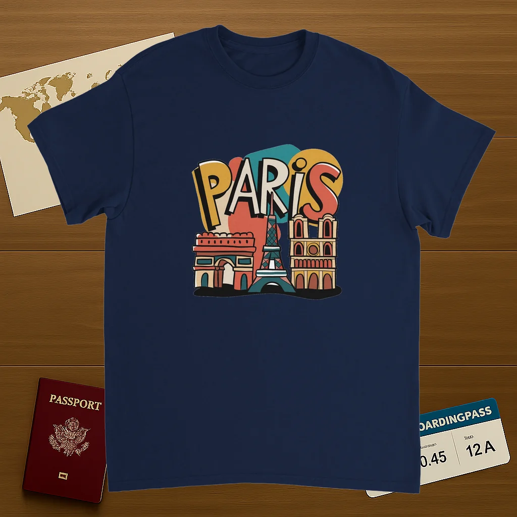 navy Paris France Unisex Travel T-Shirt on wooden background with world map, passport, and boarding pass