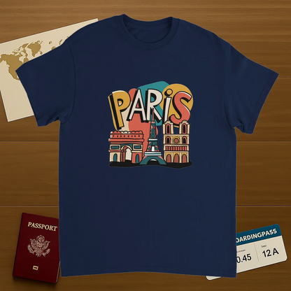 navy Paris France Unisex Travel T-Shirt on wooden background with world map, passport, and boarding pass