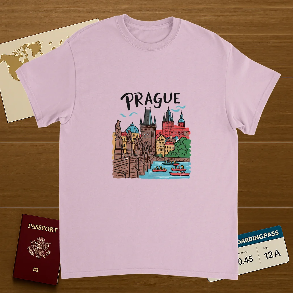 light pink Prague Czechia Unisex Travel T-Shirt on wooden background with world map, passport, and boarding pass