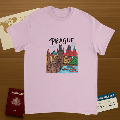 light pink Prague Czechia Unisex Travel T-Shirt on wooden background with world map, passport, and boarding pass