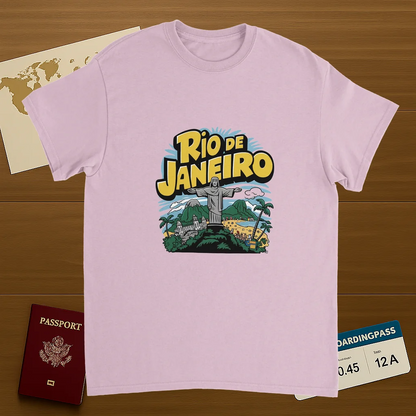 light pink Rio de Janeiro Brazil Unisex Travel T-Shirt on wooden background with world map, passport, and boarding pass