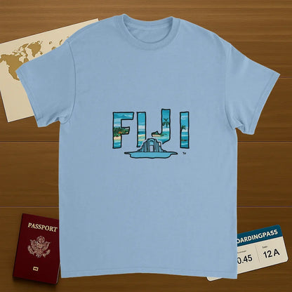 light blue Fiji Unisex Travel T-Shirt on wooden background with world map, passport, and boarding pass