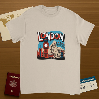 London England Unisex Travel T-Shirt on wooden background with world map, passport, and boarding pass