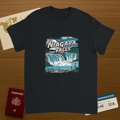 black Niagara Falls Unisex Travel T-Shirt on wooden background with world map, passport, and boarding pass
