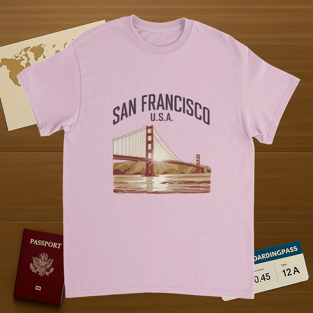 light pink San Francisco USA Unisex Travel T-Shirt on wooden background with world map, passport, and boarding pass
