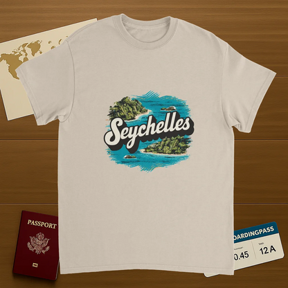 Seychelles Unisex Travel T-Shirt on wooden background with world map, passport, and boarding pass