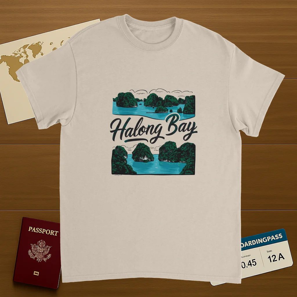 Halong Bay Vietnam Unisex Travel T-Shirt on wooden background with world map, passport, and boarding pass