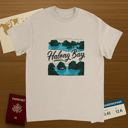 Halong Bay Vietnam Unisex Travel T-Shirt on wooden background with world map, passport, and boarding pass