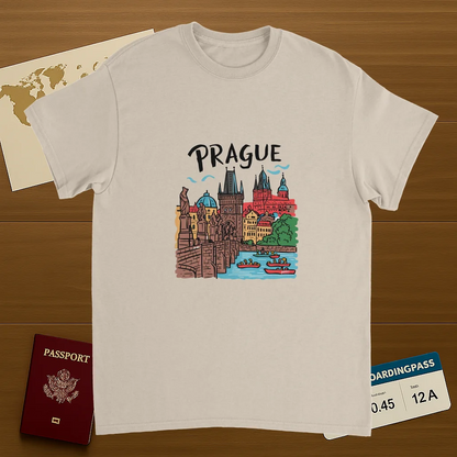 Prague Czechia Unisex Travel T-Shirt on wooden background with world map, passport, and boarding pass