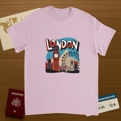 light pink London England Unisex Travel T-Shirt on wooden background with world map, passport, and boarding pass