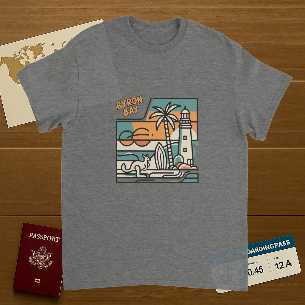 sport grey Byron Bay Australia Unisex Travel T-Shirt on wooden background with world map, passport, and boarding pass