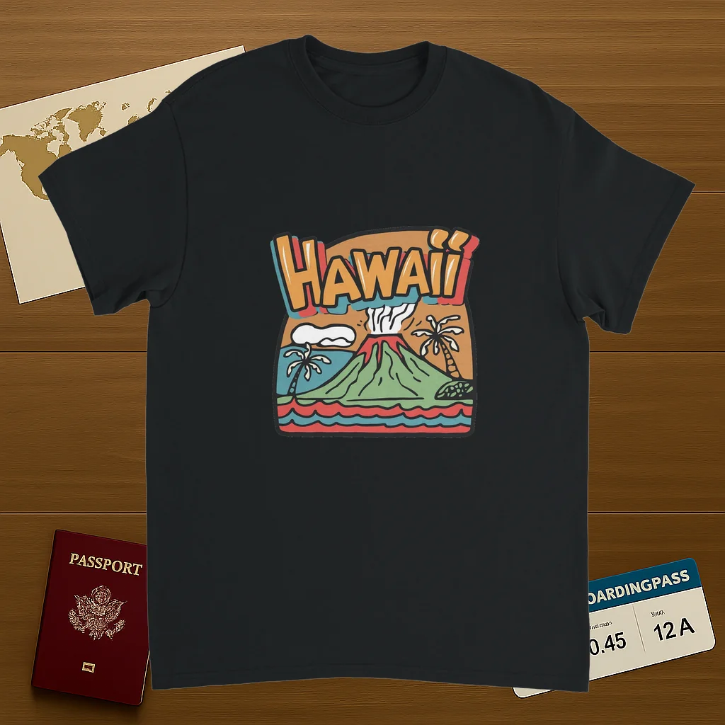 black Hawaii Unisex Travel T-Shirt on wooden background with world map, passport, and boarding pass