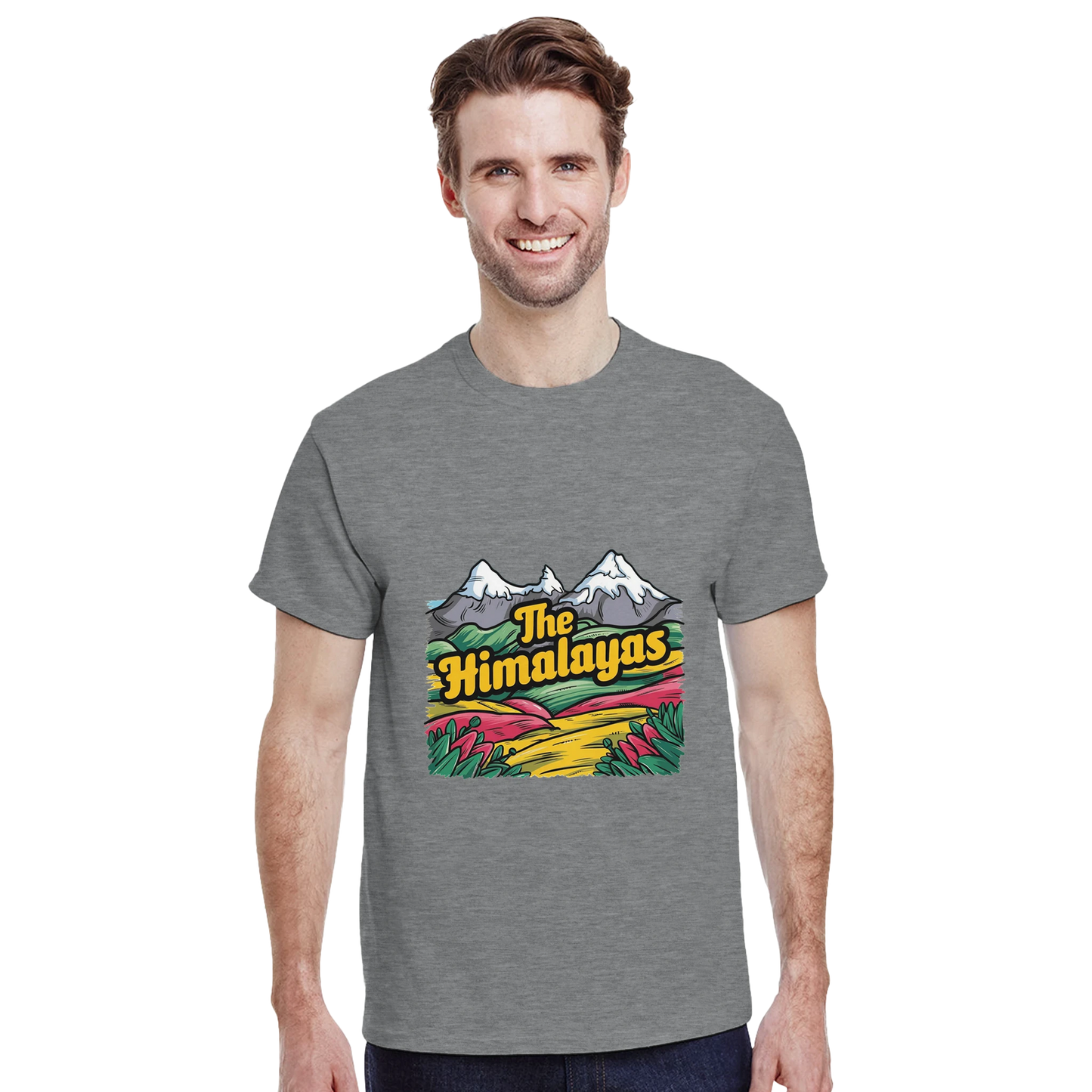 Himalayas Unisex Travel T-Shirt on wooden background with world map, passport, and boarding pass