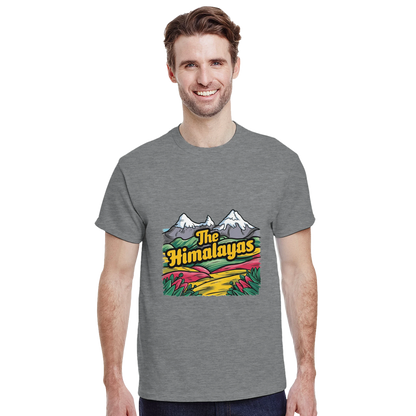 Himalayas Unisex Travel T-Shirt on wooden background with world map, passport, and boarding pass