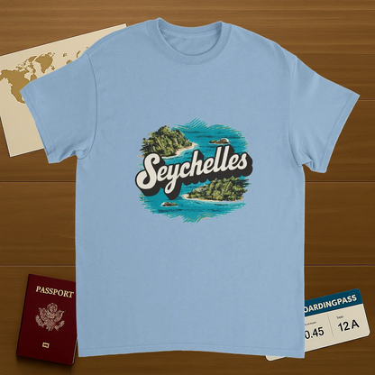 light blue Seychelles Unisex Travel T-Shirt on wooden background with world map, passport, and boarding pass