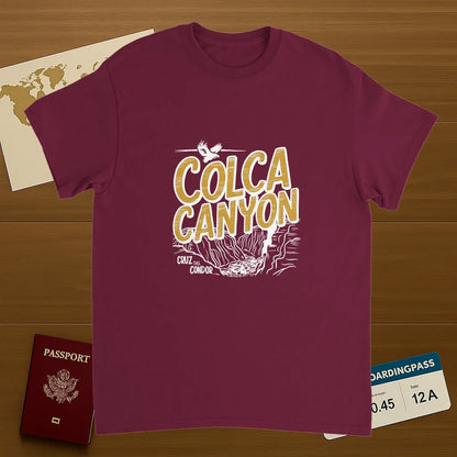 Colca Canyon Peru Unisex Travel T-Shirt on wooden background with world map, passport, and boarding pass