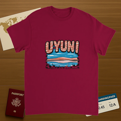 cardinal red Uyuni Bolivia Unisex Travel T-Shirt on wooden background with world map, passport, and boarding pass