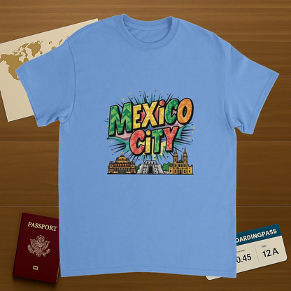 carolina blue Mexico City Unisex Travel T-Shirt on wooden background with world map, passport, and boarding pass