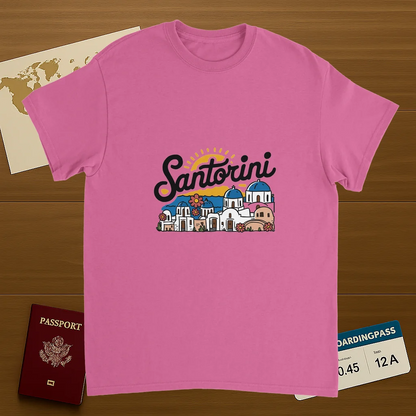 Santorini Greece Unisex Travel T-Shirt on wooden background with world map, passport, and boarding pass